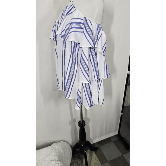 Express Ruffle White and Blue Long Sleeve Cold Shoulder Halter Top Small - Picture 2 of 6